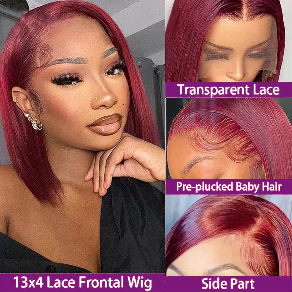 99J Burgundy Short Bob HD Lace Front Wig | Straight Transparent