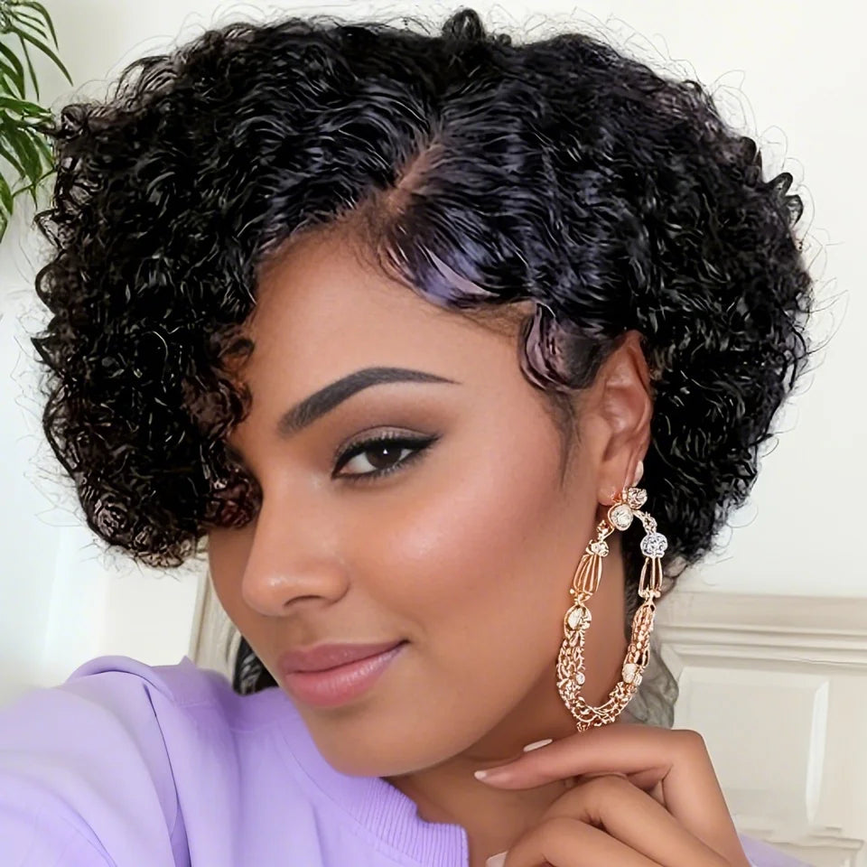 Short Pixie Deep Curly Bob T Part Lace Front Wig