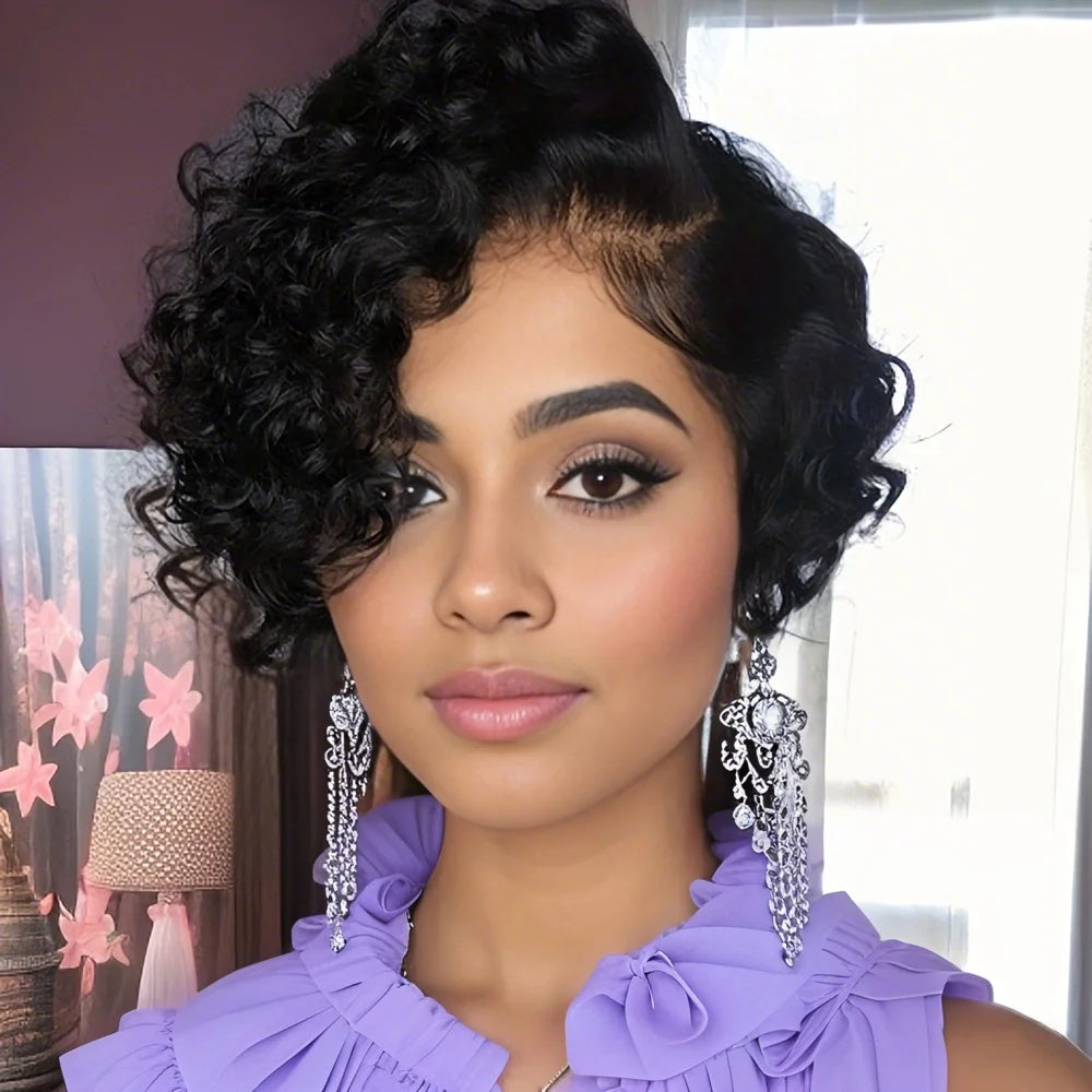 Short Pixie Deep Curly Bob T Part Lace Front Wig