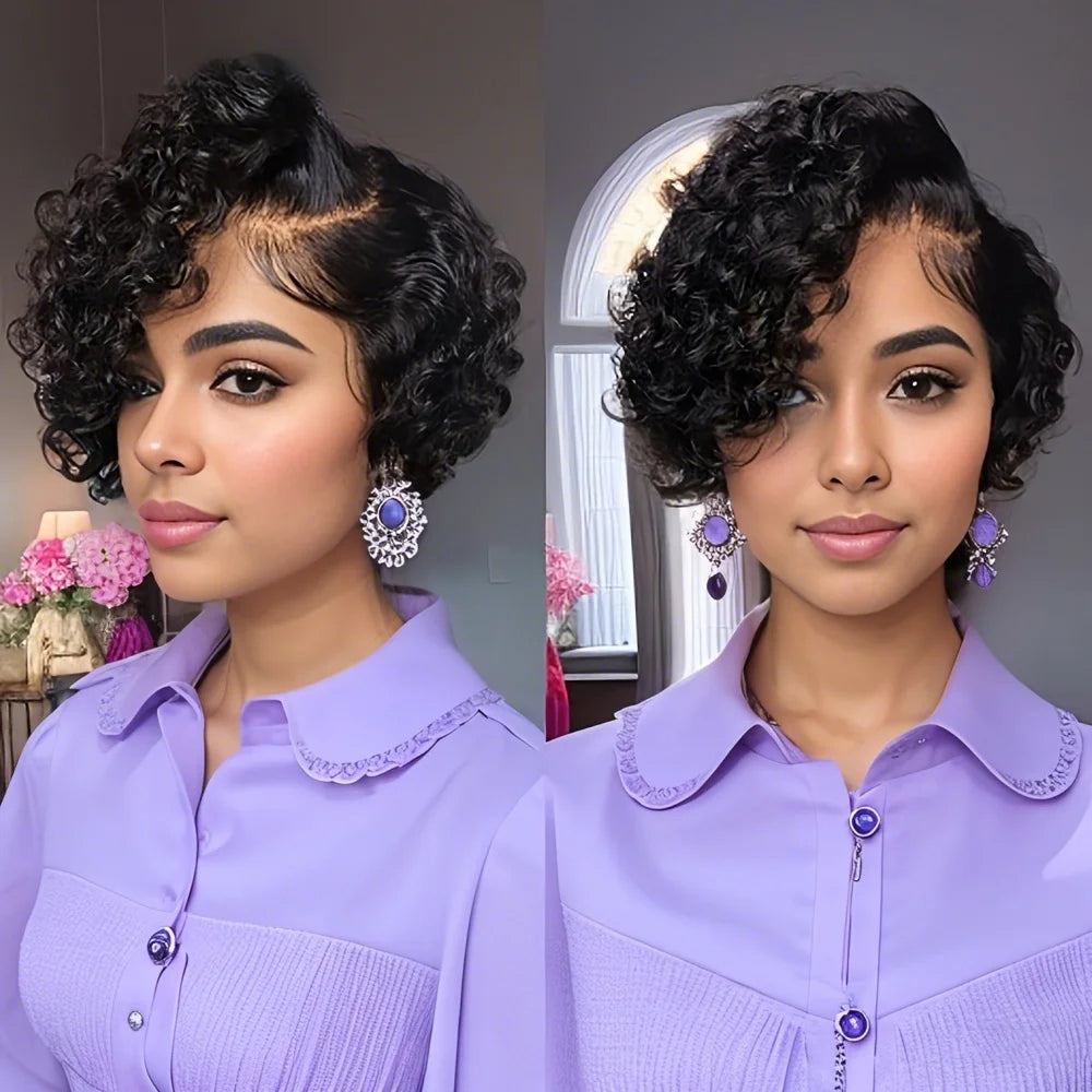 Short Pixie Deep Curly Bob T Part Lace Front Wig
