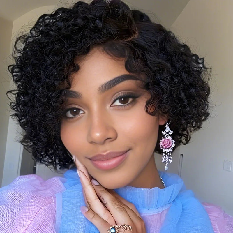 Short Pixie Deep Curly Bob T Part Lace Front Wig