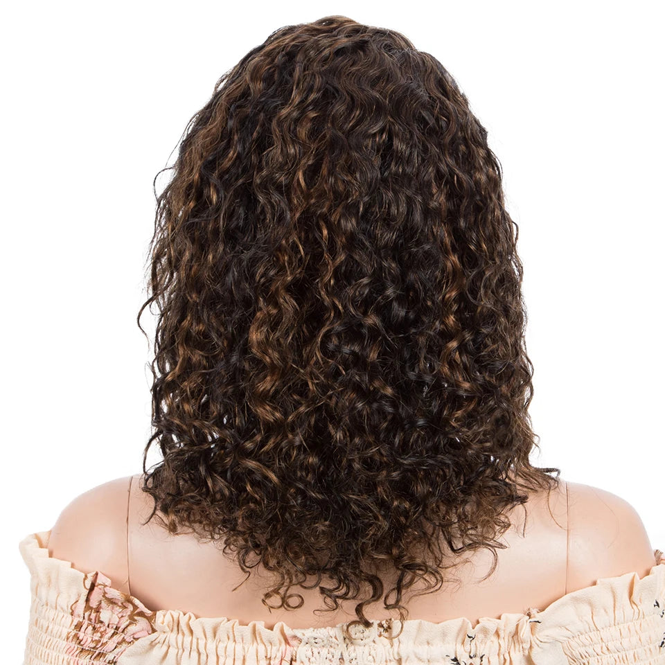 T Part Lace Wig Human Hair | Brown Highlight Curly Remy
