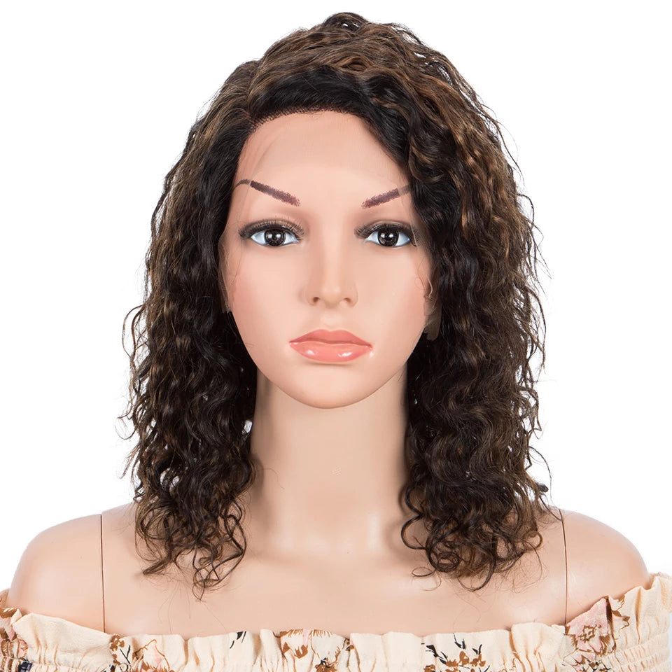 T Part Lace Wig Human Hair | Brown Highlight Curly Remy