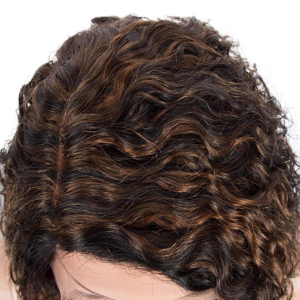 T Part Lace Wig Human Hair | Brown Highlight Curly Remy