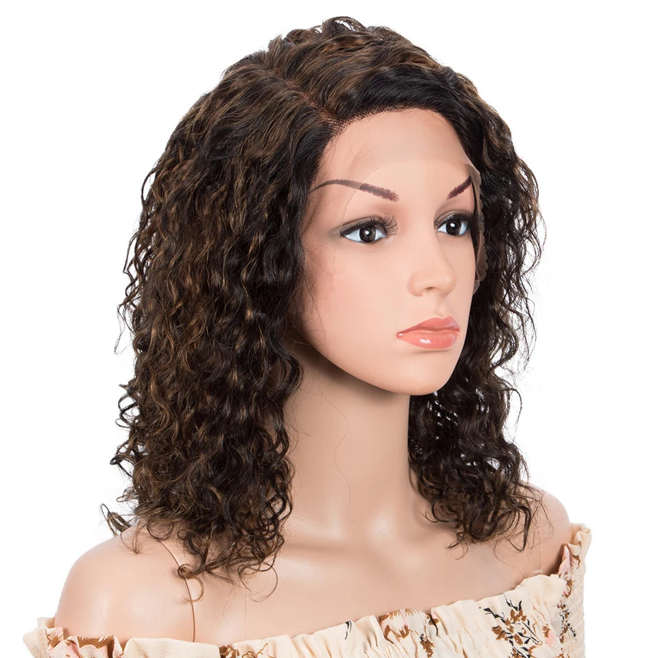 T Part Lace Wig Human Hair | Brown Highlight Curly Remy