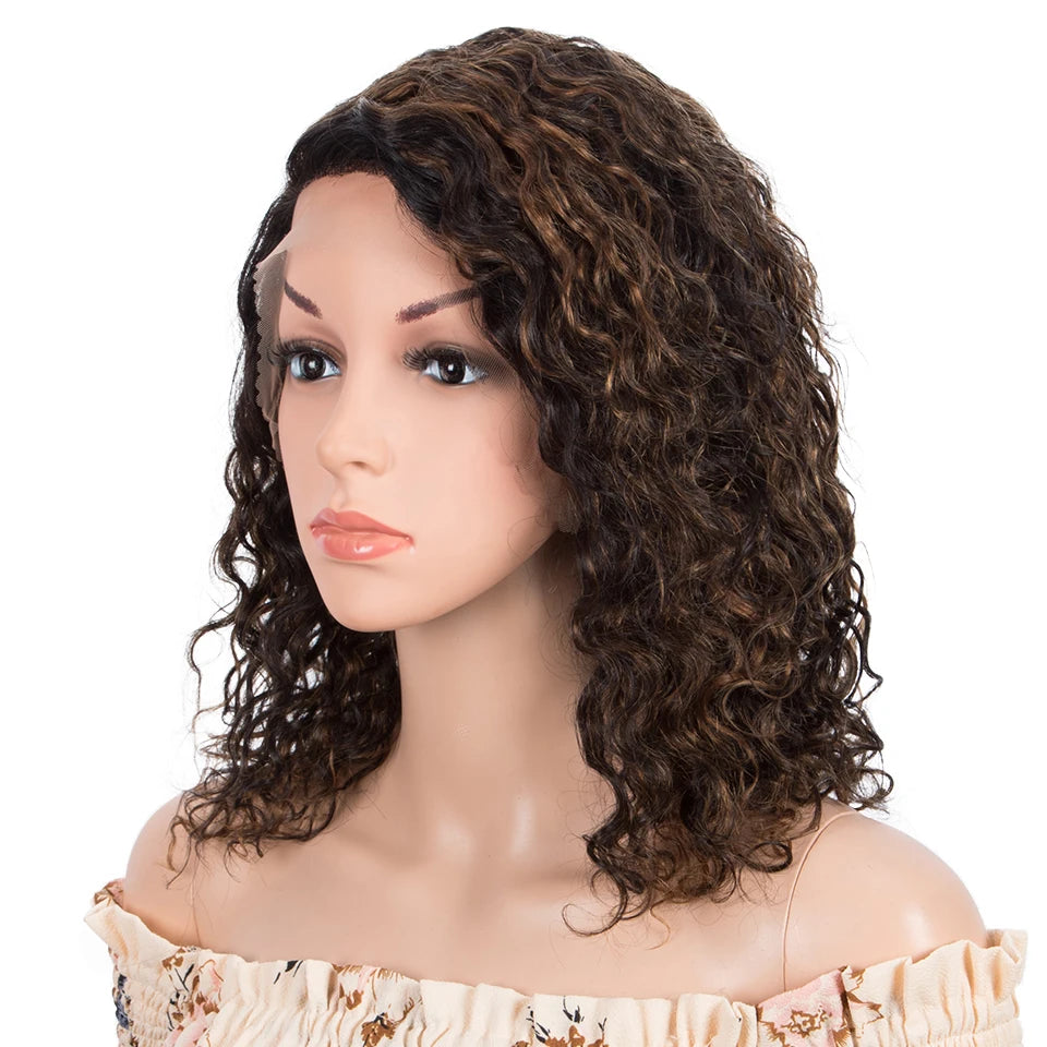 T Part Lace Wig Human Hair | Brown Highlight Curly Remy