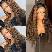 T Part Lace Wig Human Hair | Brown Highlight Curly Remy